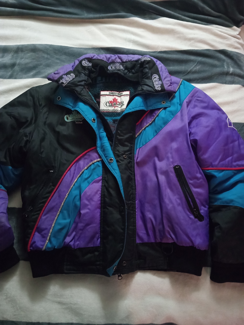 Rare Vintage Choko Bear Jacket - Teal & Purple Colorblock Skidoo And Snowboard